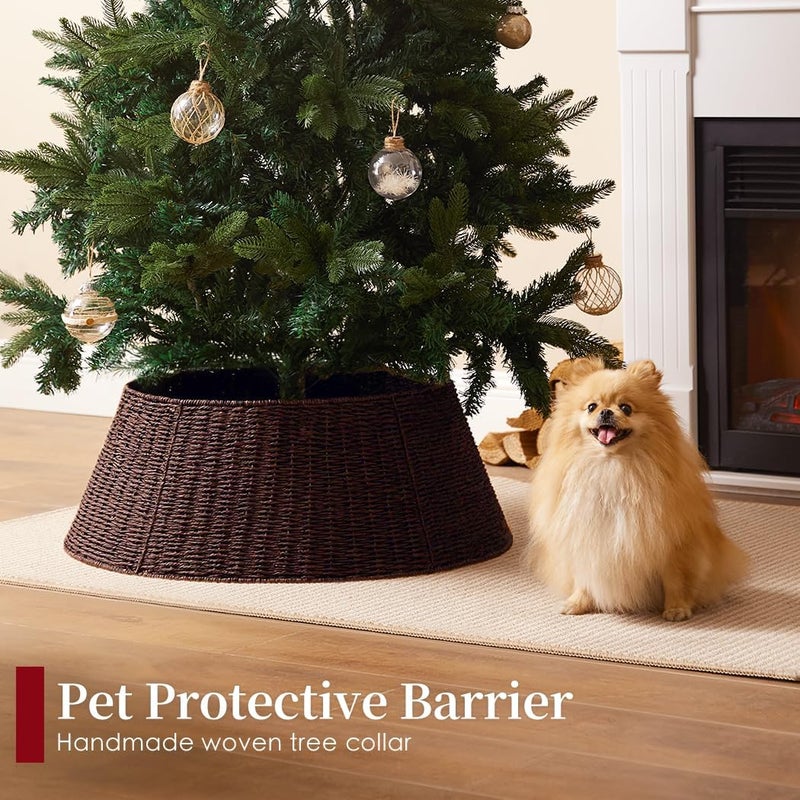 Deerher Rustic Farmhouse Christmas Tree Collar - 28Inch Woven Wicker Tree Base Stand Cover for Artificial Trees - Holiday Decoration Ring Skirt Basket for 6ft 7.5ft 9ft Tree, Natural & Stable(Brown) - Image 3